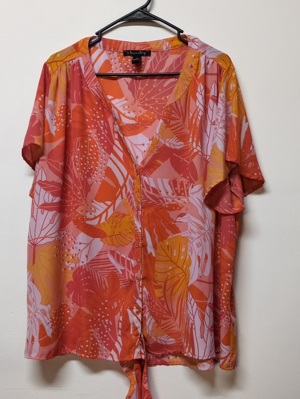 A Love Story Orange Pink Tropical Print Tie Front Blouse, Size 2X